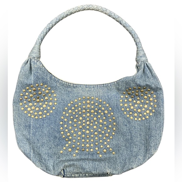 Fiorucci Handbags - Vintage Retro Fiorucci Brass Stud Denim Hobo Pink Angel Lining & Interior Pocket